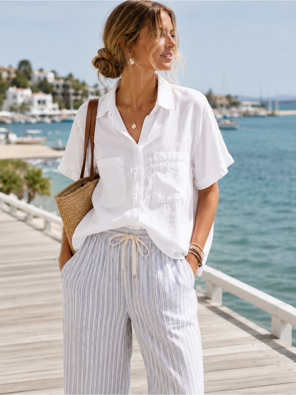 Women's White Short-Sleeve Button-Down Shirt with Chest Pockets